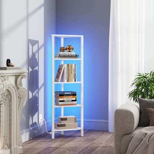 Image of TUTOTAK Corner Shelf with LED Light, 5-Tier Corner Bookshelf for Small Space, Narrow Display Corner Shelf Stand with Storage Rack, for Living Room, bedroom, Pure White BS05BW005LEU