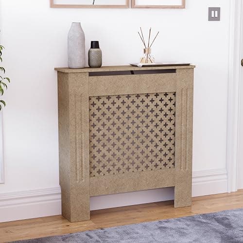 Image of Vida Designs Oxford Radiator Cover Unfinished - Small - Traditional Cross Pattern Design For Optimal Heat Circulation - H82xW78xD19cm - Unpainted MDF Cabinet Ideal For Living Room & Hallway