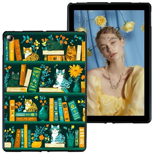 Image of RWUTYTIUL for Amazon Kindle Fire 7 (SR043KL 9th/7th Generation, 2019/2017 Release) Black Tablet Case, Shockproof Protective Shell Flexible Matte Lightweight TPU Case for Fire HD7 7", Green Book Cat