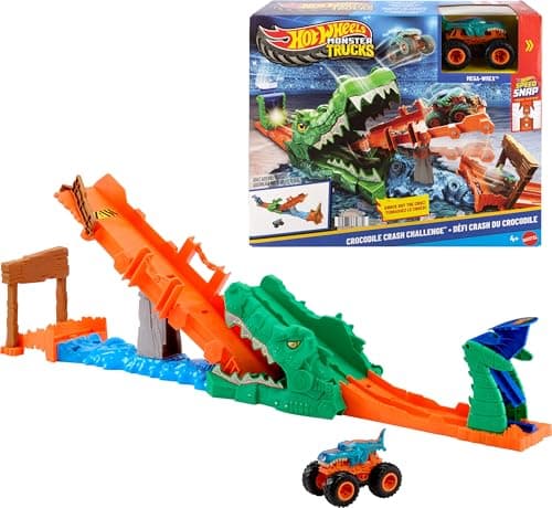 Image of Hot Wheels Monster Trucks 1:64 Scale Mega-Wrex Vehicle, Race and Stunts on See-Saw Bridge - Crash Challenge Crocodile Playset