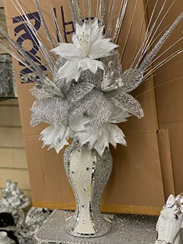 Image of CRYSTAL CROWN® Crushed Diamond Silver Sparkle Mosaic Vase With White Flowers Ornament - Glitter Flower for Home Decoration