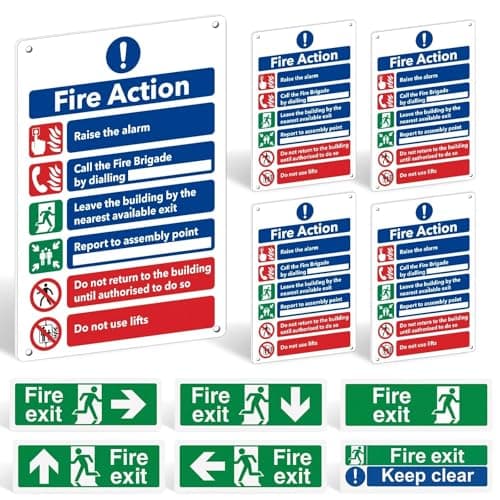 Image of Fire Safety Signs Pack of 11 - Fire Action Notice Sign - 1mm Rigid Plastic - 300 x 200mm, Exit Sticker, Keep Clear - Self-Adhesive Vinyl Emergency Exit Signage, Matte Finish