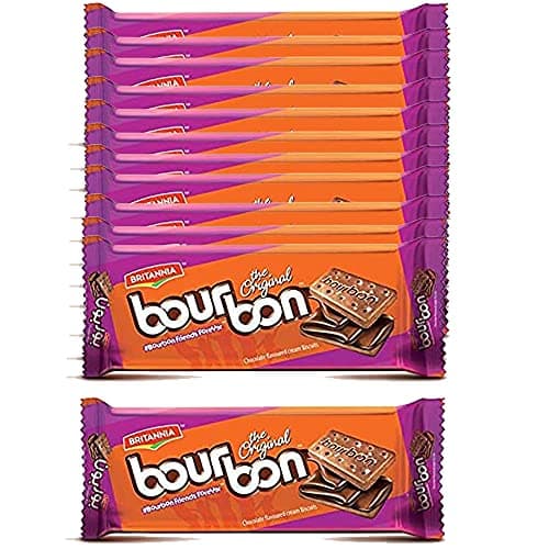 Image of Britannia Bourbon Biscuits 100g (Pack of 12) – Snack Biscuits – Filling of Chocolate Butter Cream – Cream Biscuits – Sugar Sprinkled - Cracker Biscuits Cookies Tea Time Snacks for Kids & Family