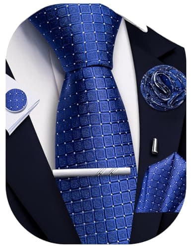 Image of Ailisus Men’s Royal Blue Ties and Pocket Square Set, Plaid Silk Necktie & Handkerchief Lapel Pin Cufflinks Tie Clip for Men Formal Wedding Party