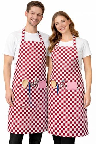 Image of IBEX Unisex Butcher Check Bib Apron with Pocket for Men & Women - Professional Poly Cotton Kitchen Apron for Chefs, Restaurants, Bar Staff, Waiters, Catering & Home Cooking, Red Check