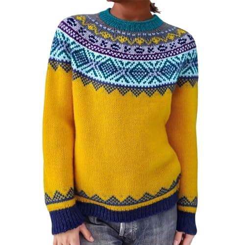 Image of Fairisle Jumper Women Trendy Plus Size Crewneck Knitted Jumpers Nordic Fair Isle Christmas Sweater Baggy Pullover Tops Winter Warm Festive Knitwear (Za-Yellow,XL)