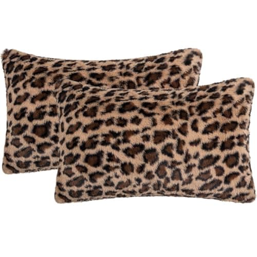Image of Muorruo Set of 2 Faux Fur Leopard Print Cushion Covers, 30 x 50 cm, Soft Plush Animal Motif Decorative Cushions for Sofa, Bed and Armchair, Safari-Inspired Decor in Terracotta Brown