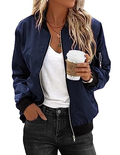Image of Zeagoo Jackets For Women UK Lightweight Casual Bomber Jacket Long Sleeve Windbreaker Zip Up Solid Coat with 2 Pockets Navy Blue L
