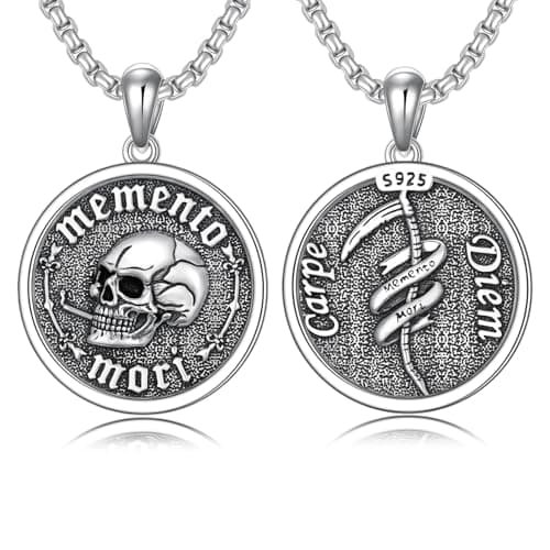 Image of ROMANTICWORK Memento Mori Necklace 925 Sterling Silver Carpe Diem Pendant Skull Necklace Memento Mori Jewelry Gifts for Men Women 22+2 Inch Chain