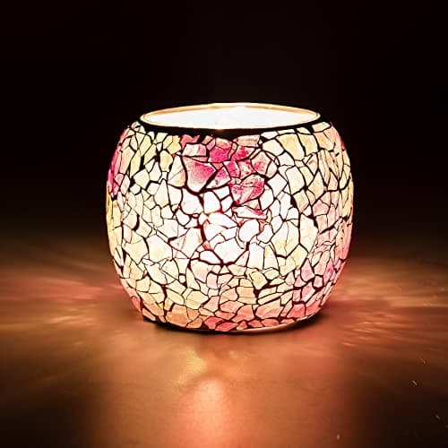 Image of Larcenciel Mosaic Glass Candle Holder/Tea Light Holder/Vase/Pen Holder, Romantic Handmade Shattered Glass Tea Light Candle Shade/Potted Plants Bowl for Home Decoration Wedding Party (Pink)