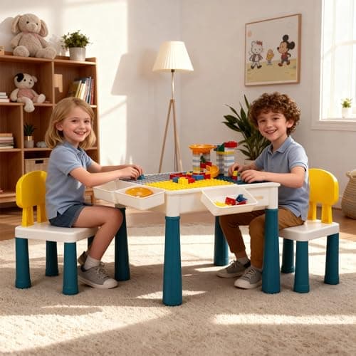 Image of LeFluffy 7-in-1 Activity Table Set, Toddler Table and Chair Set with Storage, Building Block Table with 100PCS Play Blocks, Water & Sand Table for Boys Girls Ages 1-3, 82×38×46CM (Macarons)