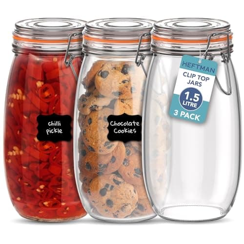 Image of HEFTMAN Glass Clip Top Jar Set of 3-1.5L Airtight Glass Jars with Lids and Silicone Seal for Pasta, Sourdough Starter, Chutney - Kitchen Organisation Empty Glass Storage Jars (1500ml - 3 Pack)