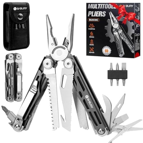 Image of BIBURY Multitools, Titanium Plating Multi Tool Foldable Pliers, Stainless Steel Pocket Tool with Nylon Pouch, Ideal for Camping, Outdoor, Repairing, Hiking - Birthday Gifts for Men Dad - BI2038C