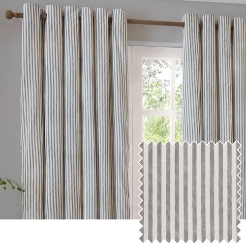 Image of furn. Yard Hebden Blackout Eyelet Curtain Pair – Ultra Soft Cotton Lined Striped Curtains (Mole - 168x137cm)
