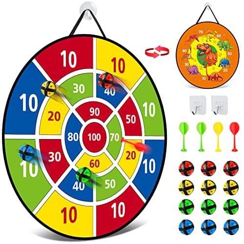 Image of 26 Inches Kids Dart Board Set, Dart Board for Kids, Double Sided with 12 Sticky Balls, Indoor Outdoor Party Games Toys for 3 4 5 6 7 8 9 10 11 12 Year Old Boy Girl and Adult