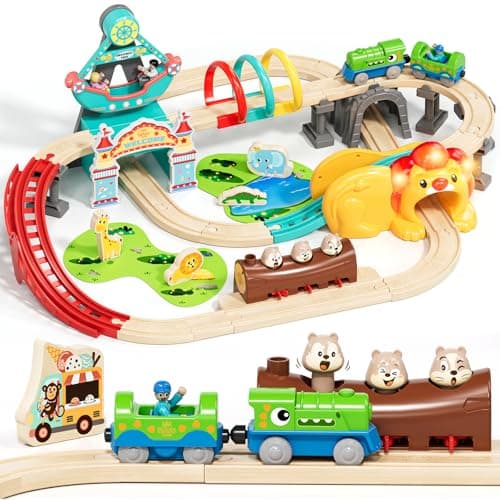 Image of Lehoo Castle Wooden Train Set for Toddlers, 50 PcsTrain Track with Battery Powered Train Toy for 2 3 4 5 Year Old Boys Girls Gifts Presents For Christmas Xmas New Year