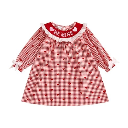 Image of BeliBacca Toddler Baby Girl Valentines Day Dress Bow Long Sleeve Love Heart Plaid Print a-Line Smocked Dress Kids Girl Valentines Outfits (Red, 2-3 Years)