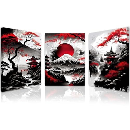 Image of Qiukoo Set of 3 Framed Canvas Wall Art – Japan Poster Style Artwork with Hooks, Waterproof Wall Decoration for Living Room, Modern Prints for Walls, Bedroom Pictures – 12x16 Inch