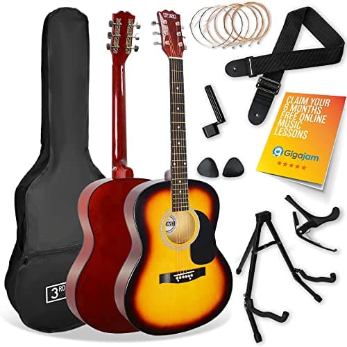 Image of 3rd Avenue Full Size 4/4 Acoustic Guitar Pack for Beginners - 6 Months FREE Lessons, Gig Bag, Picks, Spare Strings, Stand, Strap, Capo - Sunburst