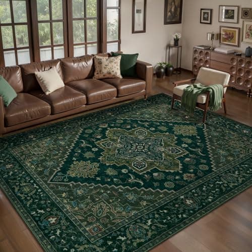 Image of Tangsoo Dark Green 5x7 Area Rug Washable Rugs for Living Room, Vintage Rug Indoor Non Slip Large Area Rugs, Print Carpet, Soft Low Pile Foldable Floor Rug for Bedroom Dining Room Dorm