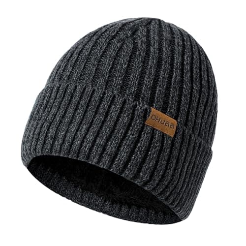 Image of Grantop Classic Beanie Hat, Ladies Warm Slouch Knit Double Layer Winter Hat, Unisex Thermal Insulating Striped Pompom Beanie Hat for Men Women Kid (Dark Grey)