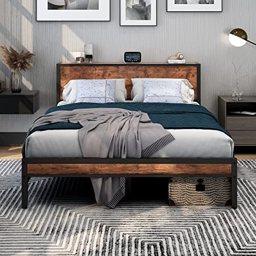 Image of DUMEE King Size Bed Frame with Storage Wooden Headboard, Metal Bed Frame Kingsize Bed Base/Mattress Foundation, Enhanced Support Noise Free, Textured Black+Brown Oak