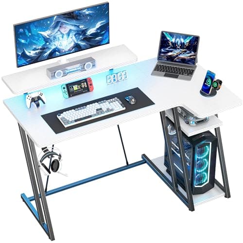 Image of HOMIDEC Gaming Desk with LED Lights, 100CM Computer Desk with Monitor Stand, L Shaped Corner Desk with Headphone Hook and Shelves for Gaming Room, Bedroom, Office, White