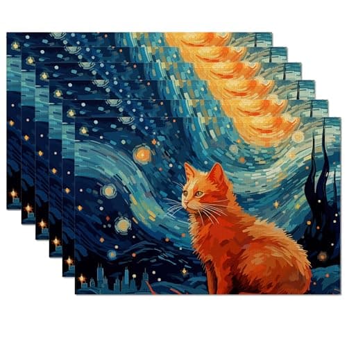 Image of Starry Night Cat Placemats Set of 6,Table Mats Non-Slip Heat Resistant Washable Placemat for Party Kitchen Dining Table Decoration Indoor Outdoor