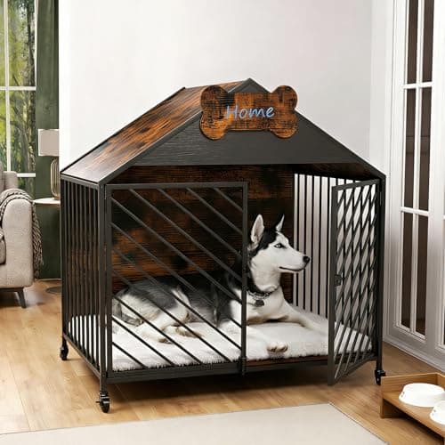 Image of Dog Crate Furniture, 82cm Wooden Dog Crate with Wheels & Cushion for Medium Dogs, 220 Lbs Capacity Heavy Duty Indoor Dog Kennel, Gable Roof Design Cage, Chew-Proof Double Lockers Pet House