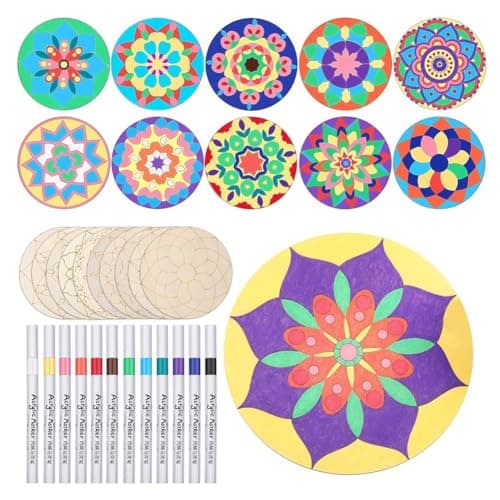Image of Tagtight 22 Pcs Wooden Mandala Painting Set, DIY Window Art Craft Kit, 10 Mandala Unfinished Wood Cutouts with 12 Markers, DIY Blank Suncatchers Wooden Crafts to Paint for Party Decor