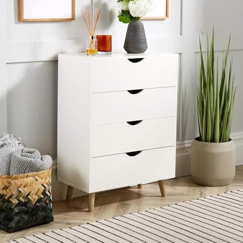 Image of Home Source Chest of 4 Drawers Bedroom Storage Cabinet, Solid Wood Legs, Scandi Style, White