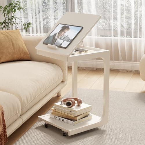 Image of AQIMUELE C-Shaped Side Table, Wood Bedside Table, Sofa Side Table, with Wheels, End Table for Small Spaces, Coffee Table, for Living Room, Bedroom, White - W40cm