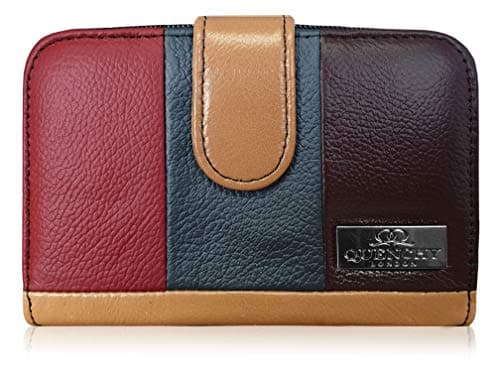 Image of Quenchy London Real Leather Purse RFID and NFC Blocking with 2 Zipped Coin Sections, 5 Coin Trays, 6 Credit Debit Cards Spaces Slots 14cm x10 x3 QL841