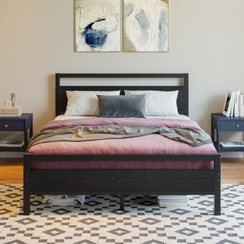 Image of BOFENG 4ft6 Double Bed Frames with Wooden Headboard,Heavy Duty Metal Platform Bed Frame Double Bed No Box Spring Needed,Mattress Foundation/Under Bed Storage/Sturdy Steel Slat Support/Black