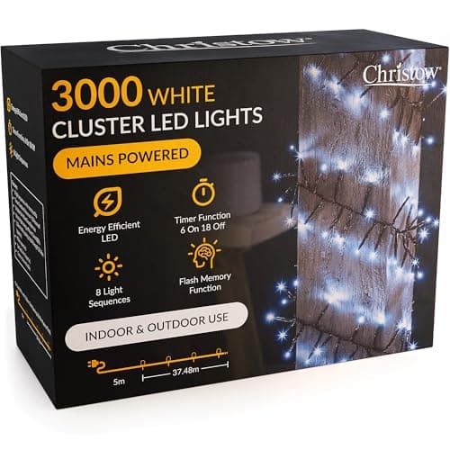 Image of CHRISTOW 3000 LED Cluster Christmas Tree Lights, White Fairy Lights with Timer, 8 Light Modes, Energy Efficient 3mm Micro LEDs, Indoor & Outdoor, Mains Powered, Green Cable, 37.48m Lit Length
