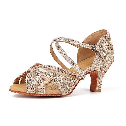 Image of Syrads Women's Ballroom Latin Dance Shoes with Rhinestones Salsa Tango Bachata Indoor Dancing Shoes for Wedding Party Prom,Gold 6cm Heel,6 UK