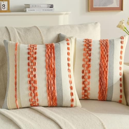 Image of FUTEI Set of 2 Chenille Tufted 45cm x 45cm Coastal Cushion Covers Soft Striped Textured Scatter Pillow Covers 45 x 45 cm Modern Boho Accent Cushions for Sofa Bed Living Room, Orange