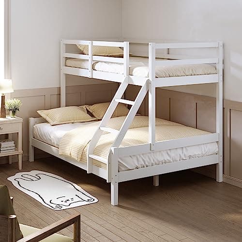 Image of ELEGANT White Wooden Triple Sleeper Bed Frame Solid Wood Bunk Bed Frame, 3ft Single for Kids & 4FT6 Double for Adults, Pine Wood Bedroom Furniture
