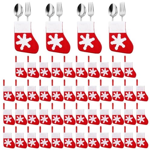 Image of Trimming Shop 50 Pcs Christmas Cutlery Holders Mini Red Santa Sock - Felt Christmas Stocking Tableware Bags for Silverware, Fork Spoon Storage Bag Xmas Dinner Table Decorations & Tree Ornaments