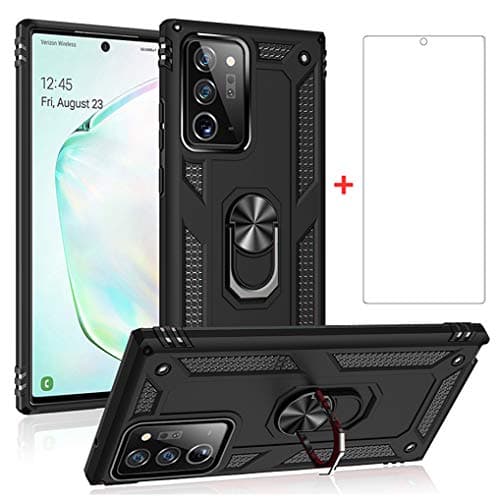 Image of Phone Case for Samsung Galaxy Note 20 Ultra/5G with Tempered Glass Screen Protector Stand Ring Holder Shockproof Silicone Heavy Duty Accessories Magnetic Metal Hard Note20Ultra Cases Cover Black