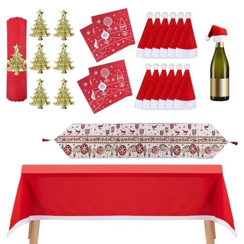 Image of Christmas Party Supplies, Christmas Dining Table Décor Set – Red Table Cloth, Reindeer Table Runner, Xmas Design Paper Napkins, Red Cutlery Holder and Napkin Rings For Xmas Table Decoration - Set 6