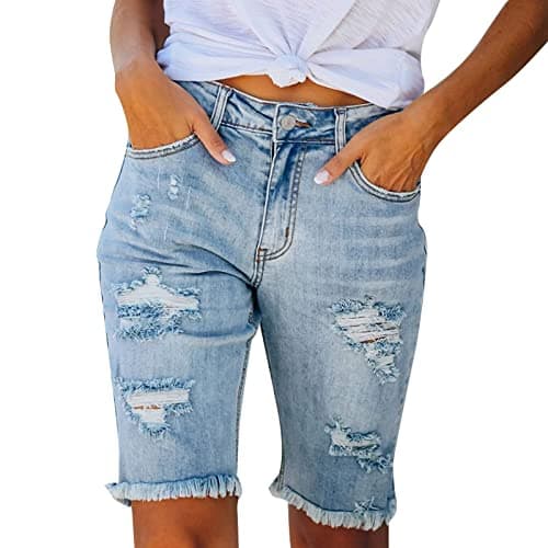 Image of Cropped Jean Stretch Jeggings for Women UK Ladies Capri Stretchy Jeans Knee Length Shorts Summer Trouser 3/4 Length Pull On Denim Trousers Casual Pants Tights Vintage Distressed High (Light Blue-C, M)