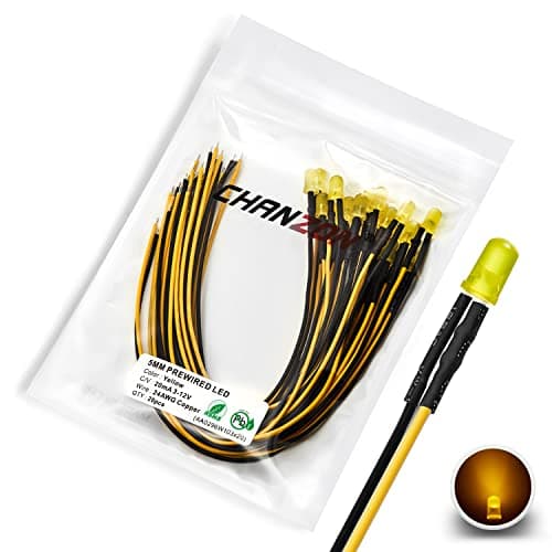 Image of CHANZON 20pcs Pre-Wired 5mm Yellow LED Diode Lights (Round Diffused Frosted Lens DC 12V) with 680 ohms Resistor and 24awg Wire