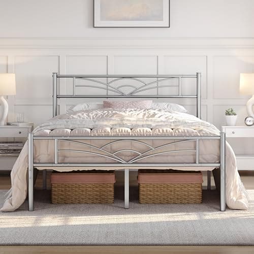 Image of Yaheetech 4ft6 Double Bed Solid Bed Frame with Cloud-inspired Design Headboard and Metal Bed Slats, Ample Under-bed Storage Silver