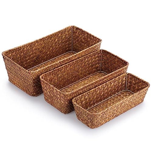 Image of SUMtree Seagrass Storage Basket Rectangular Rattan Storage Baskets Natural wicker Basket Bins for Home Shelf Organizer Set of 3 (Caramel)