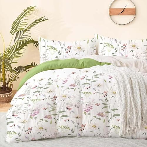 Image of HOMHOMHA Green Floral Double Duvet Cover Set - Fresh Floral Double Bedding Set, Soft Botanical Pattern Bedding for Master Bedroom- 200x200cm Bed Cover & 2x 50x75cm Pillow Cases