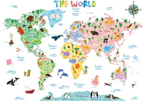 Image of DECOWALL SG2-1615S Animal World Map (Large) Kids Wall Stickers Decals Peel and Stick Removable for Nursery Bedroom Living Room Art murals Decorations
