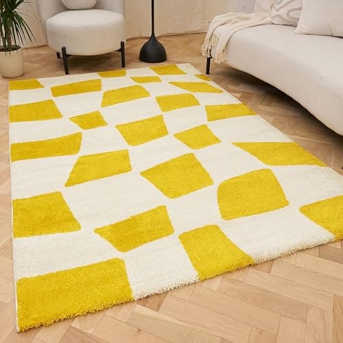 Image of THE RUGS Joli Area Rug - Soft Dense Pile Modern Artistic Design, Durable & Easy Care Carpet for Living Room & Bedroom - Irregular Checkered Yellow & White, 80 x 150 cm