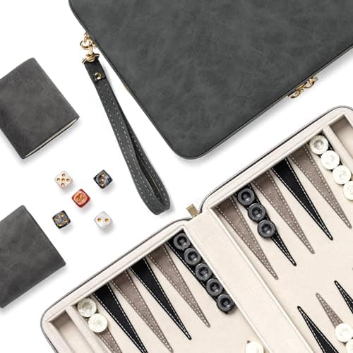 Image of Lingle 9.4" Backgammon Sets for Adults, Classic Board Game with Folding Faux Leather Backgammon Case, Portable Travel Backgammon Game Set (Black)