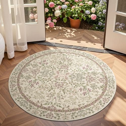 Image of TOPICK Vintage Floral Round Rug 150cm Soft Machine Washable Non Slip Low-Pile Circle Thin Rug for Living Room Kitchen Bedroom Dining Room Green/Purple